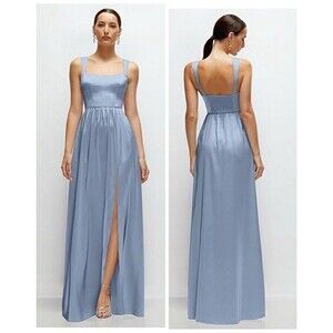 Dessy After Six Shaped Strap Portrait Neckline Satin Maxi Dress Cloudy Blu Large